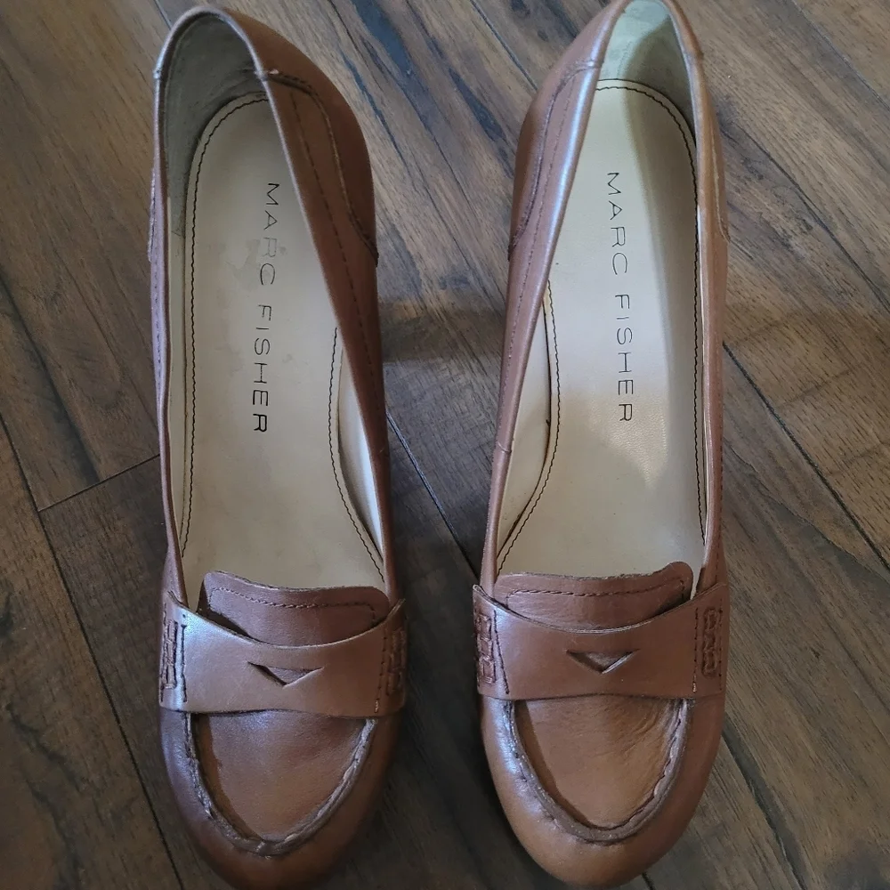 Marc Fisher Keeps Brown Leather‎ Penny Loafer Platform Heels